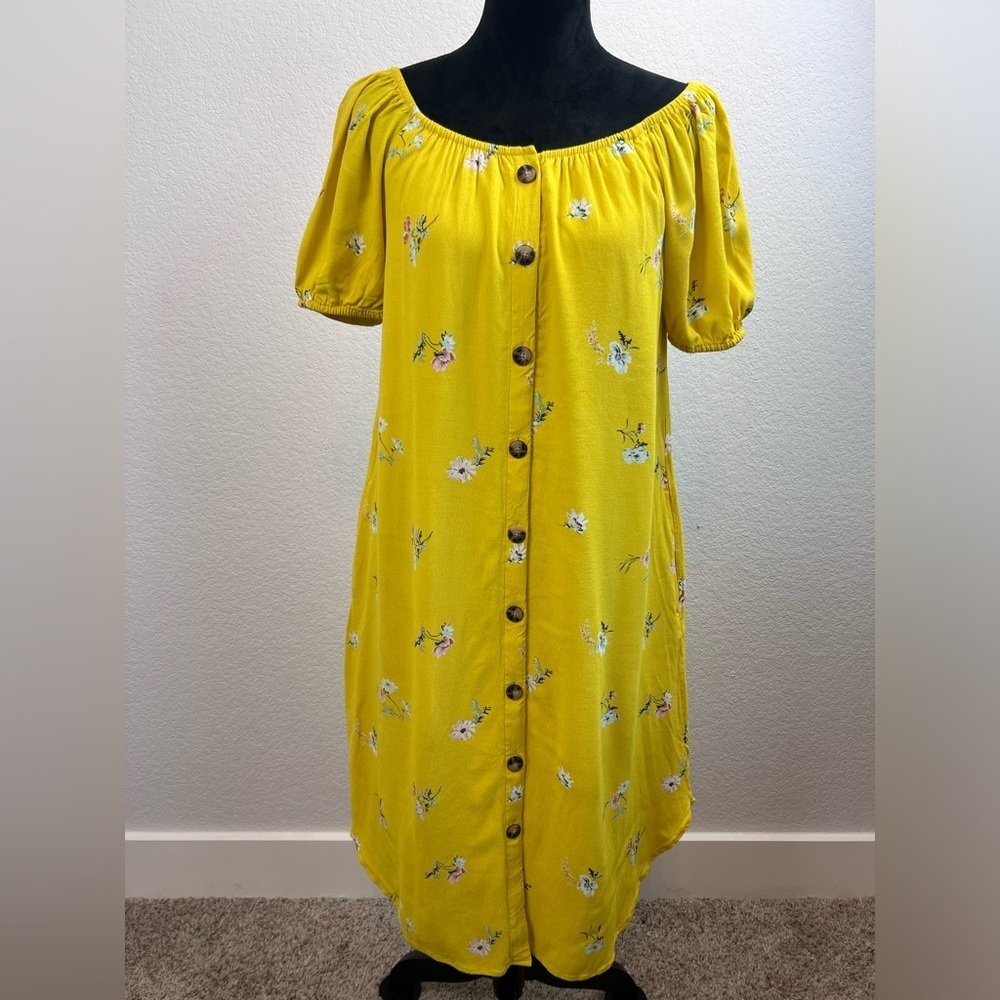 LOFT Floral Pattern Button Down Dress in Yellow Size Small